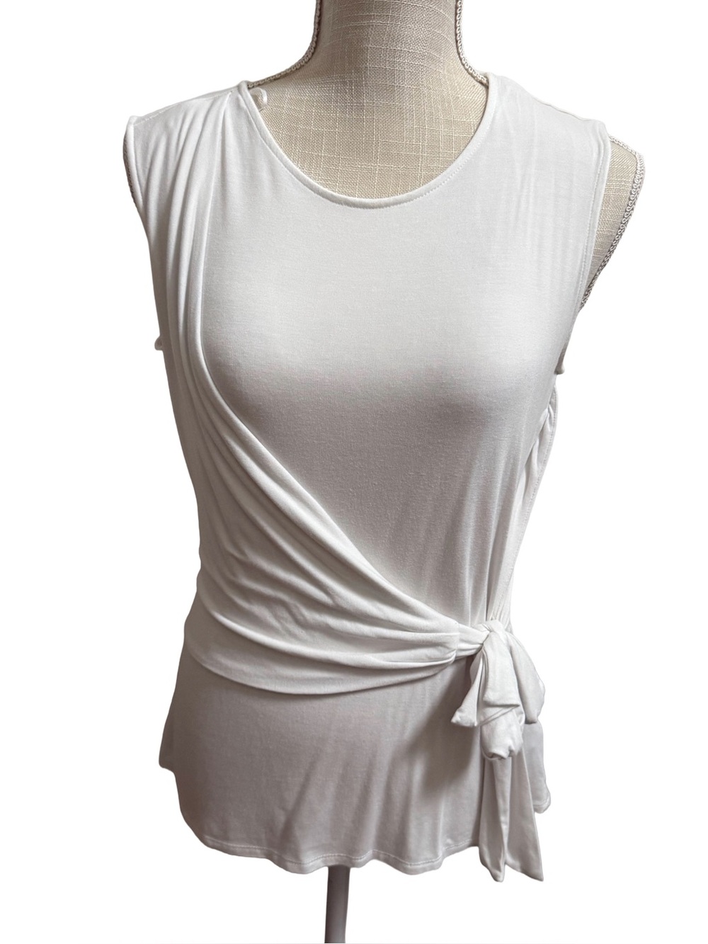 Catherine Malandrino White Sleeveless Tie-Waist Draped Top